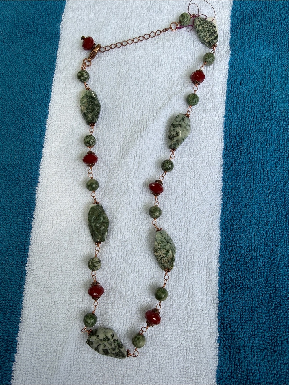 Hand Crafted Green and Red Beaded Necklace